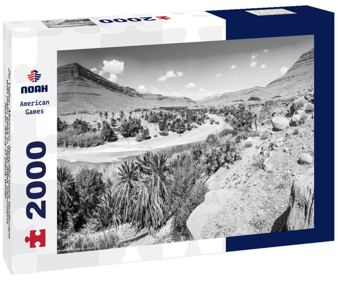 Noah Jigsaw Puzzle Ziz Valley, Morocco. Beautiful oasis landscape with palm trees in High Atlas mountains, North Africa in black white 2000 pieces