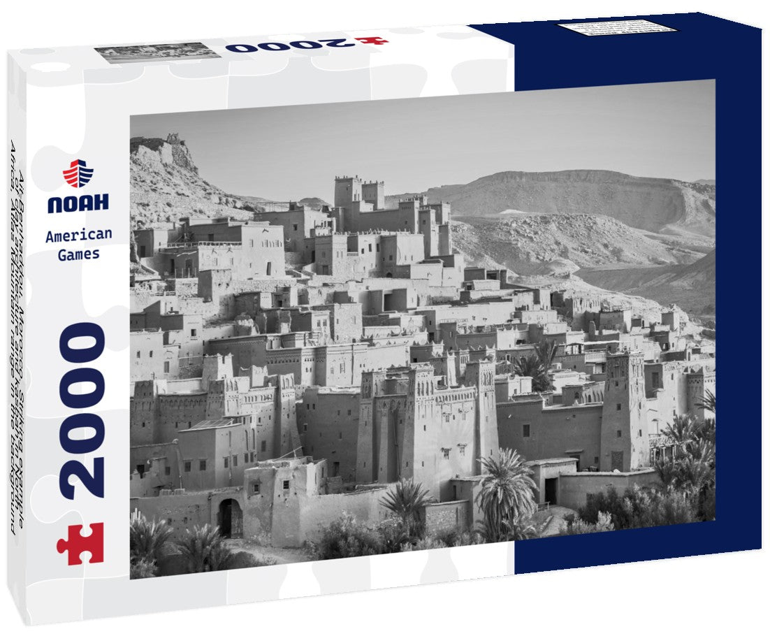 Noah Jigsaw Puzzle Ait-Benhaddou, Morocco. Striking example of clay architecture and kasbah in North Africa, Atlas Mountain range in the background in black white 2000 pieces