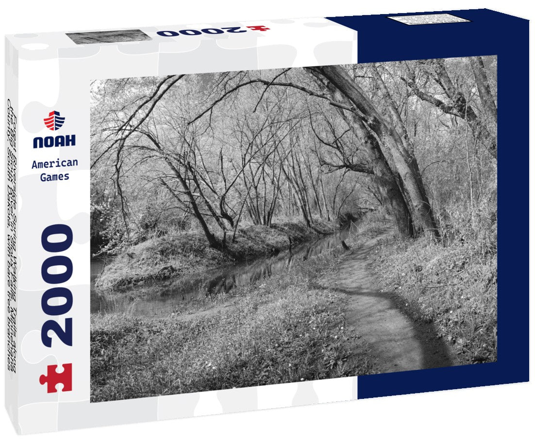 Noah Jigsaw Puzzle Forest Riverside Spring Walking Trails along the Big Sioux River in Sioux Falls, Minnehaha County, South Dakota, with bare tree branches sprouting green in black white 2000 pieces