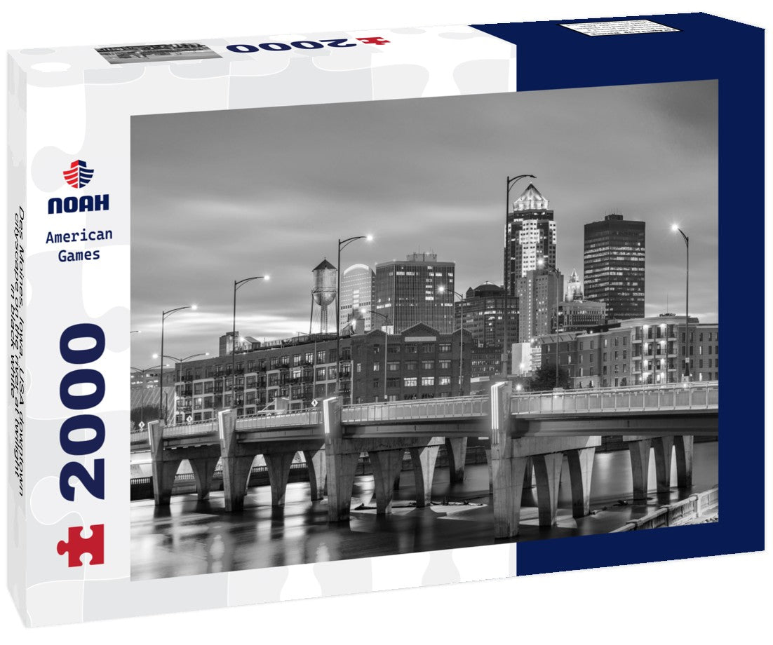 Noah Jigsaw Puzzle Des Moines, Iowa, USA downtown cityscape on the river at twilight in black white 2000 pieces