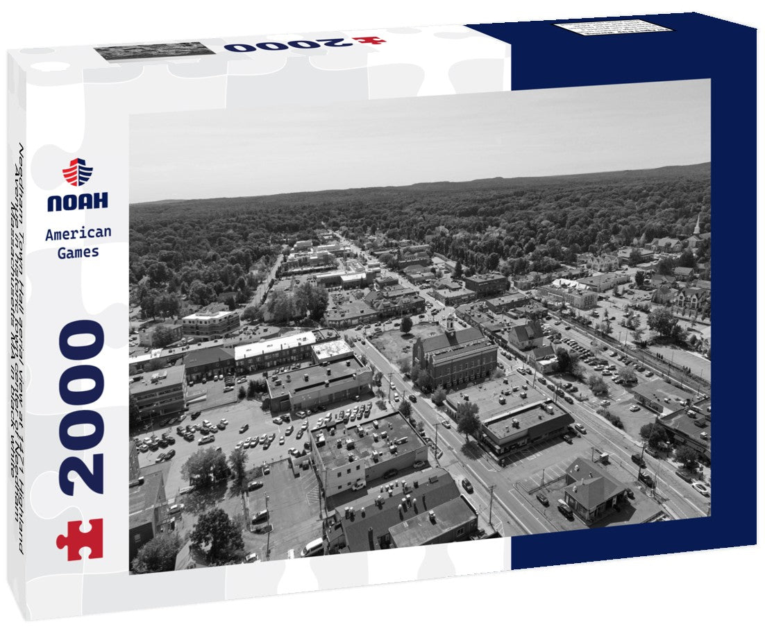 Noah Jigsaw Puzzle Needham Town Hall aerial view at 1471 Highland Avenue in historic town center of Needham, Massachusetts MA in black white 2000 pieces