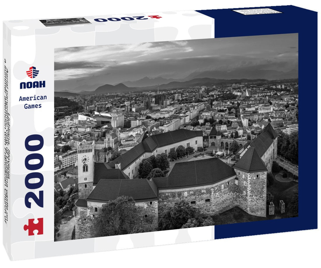 Ljubljana, Slovenia - Aerial Ljubljana castle on a summer afternoon with Franciscan Church of the Annunciation, Ljubljana Cathedral and skyline of the capital of Slovenia at sunset 2000pc PuzzleBlack and White