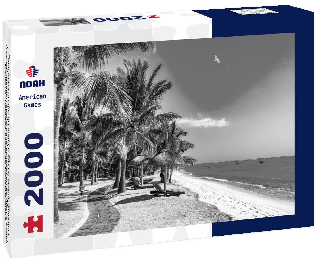 Noah Jigsaw Puzzle Palm trees on the tropical Le Morne beach, Mauritius. Tropical vacation background concept on Le Morne beach, Mauritius. Paradise beach on Mauritius island, palm trees, white sand, azure water in black white 2000 pieces