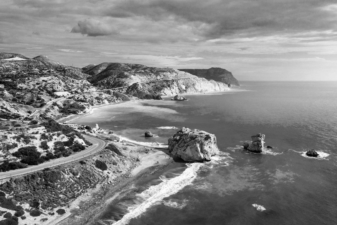Noah Jigsaw Puzzle Petra tou Romiou (Aphrodite's Rock) the birthplace of Aphrodite, Paphos, Cyprus. Aerial view of Petra tou Romiou, aka Aphrodite's rock a famous tourist travel destination landmark in Paphos, Cyprus in black white 2000 pieces