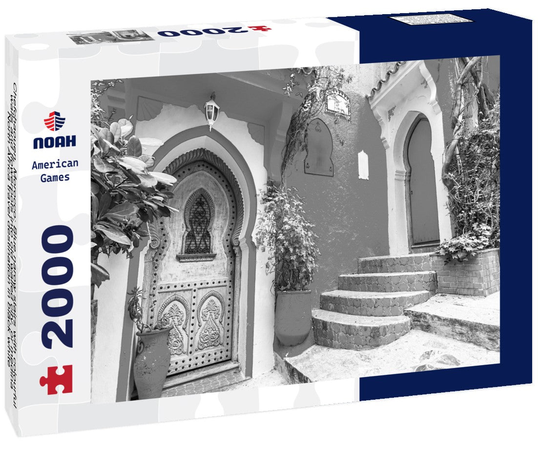 Noah Jigsaw Puzzle Chefchaouen, Morocco: Blue narow stairs with colourful walls and flowerpots into old walled city, or medina, North Africa travel destination in black white 2000 pieces