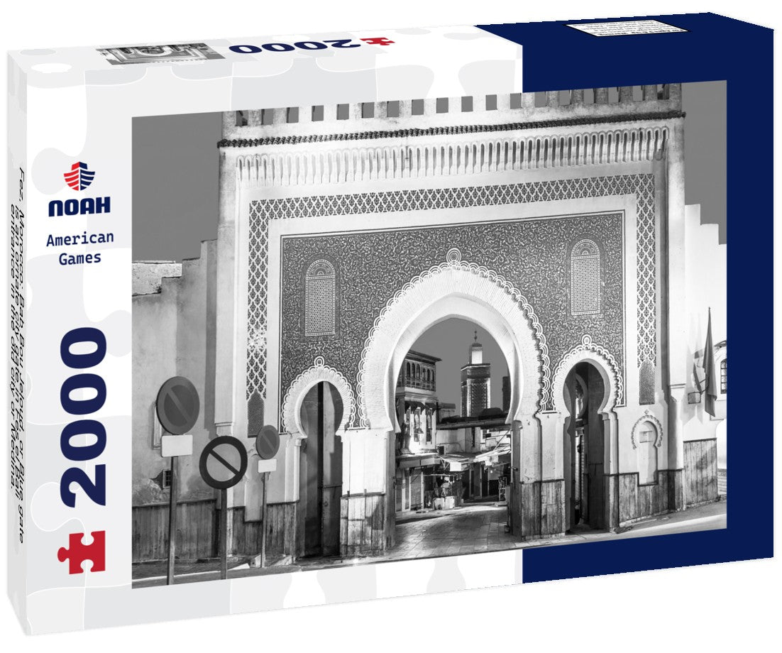 Noah Jigsaw Puzzle Fez, Morocco: Bab Bou Jeloud, or Blue gate is an ornate city gate in Fes el Bali, entrance in the old city or Medina. North Africa travel destination in black white 2000 pieces