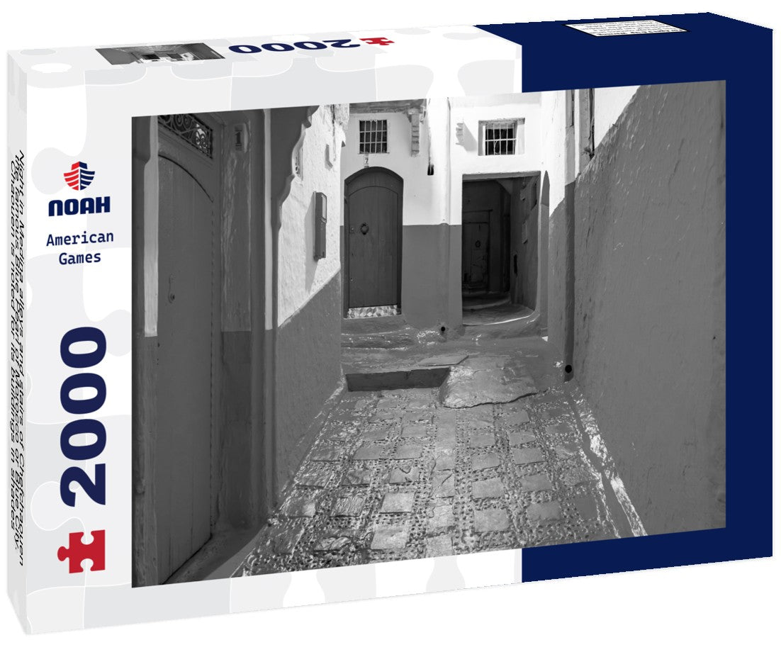 Noah Jigsaw Puzzle Night in Medina alleys and stairs of Chefchaouen, the famous Blue Pearl of Morocco or Blue City. Chaouen is noted for its buildings in shades of blue, UNESCO heritage in black white 2000 pieces