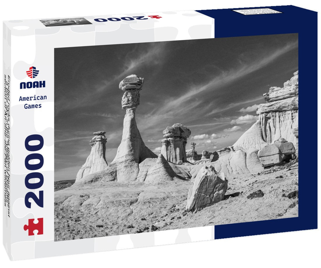 Noah Jigsaw Puzzle Eroded rocks during golden hour against a blue sky in the “Valley of Dreams” section of Ah-She-Sle-Pah wilderness in New Mexico, USA in black white 2000 pieces