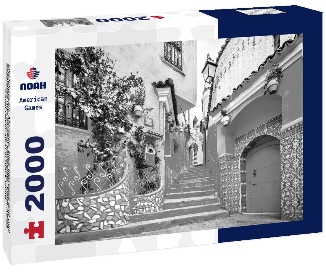 Noah Jigsaw Puzzle Chefchaouen, Morocco. Blue staircase and wall decorated with colorful flowerpots, North Africa travel destination in black white 2000 pieces