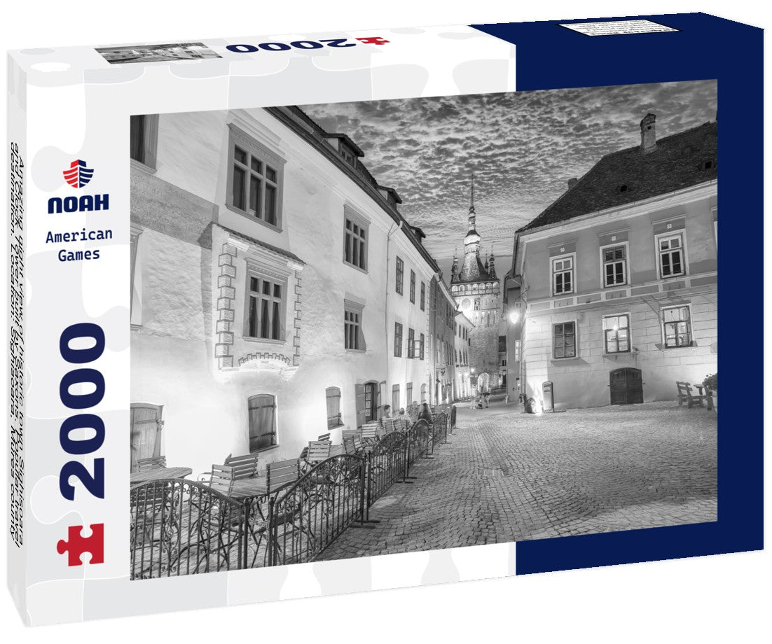 Noah Jigsaw Puzzle Amazing night view of historic town Sighisoara and Clock Tower built by Saxons. Popular travel destination. Location: Sighisoara, Mures county, Romania, Europe in black white 2000 pieces