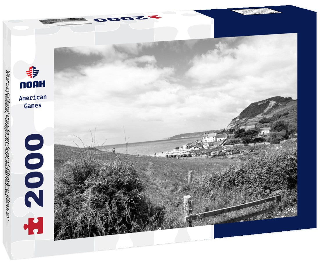 Noah Jigsaw Puzzle View of Seatown beach and Golden Cap on the Jurassic Coast by the English Channel, Dorset, England in black white 2000 pieces