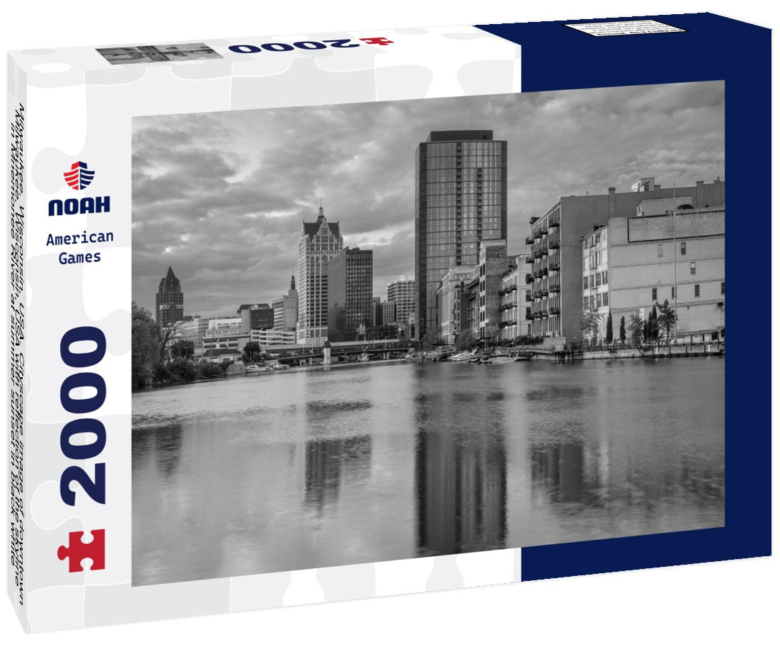 Noah Jigsaw Puzzle Milwaukee, Wisconsin, USA. Cityscape image of downtown Milwaukee, Wisconsin, USA with reflection of the skyline in Mnemonee River at summer sunset in black white 2000 pieces