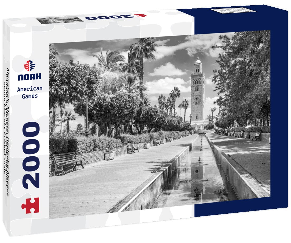 Noah Jigsaw Puzzle Marrakesh, Morocco. Koutoubia Mosque minaret at Medina quarter, beautiful spring blue sky in black white 2000 pieces