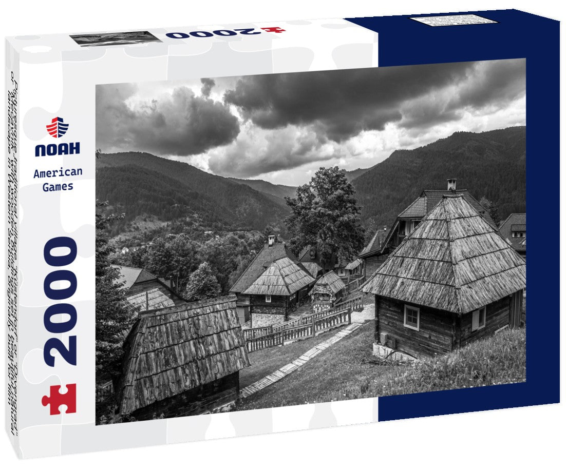 Picturesque traditional village “Küstendorf” or “Drvengrad” or “Mecavnik” with wooden buildings set in beautiful natural landscape in Western Serbia, originally built for film purposes near Mokra Gora 2000pc PuzzleBlack and White