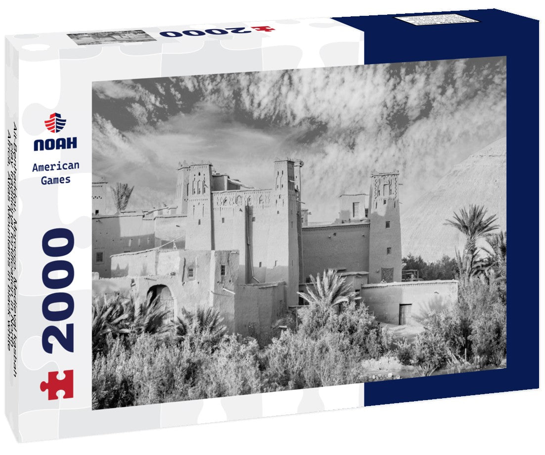 Noah Jigsaw Puzzle Ait-Benhaddou, Morocco. Medieval kasbah, clay traditional fortification in North Africa, Atlas Mountains in black white 2000 pieces