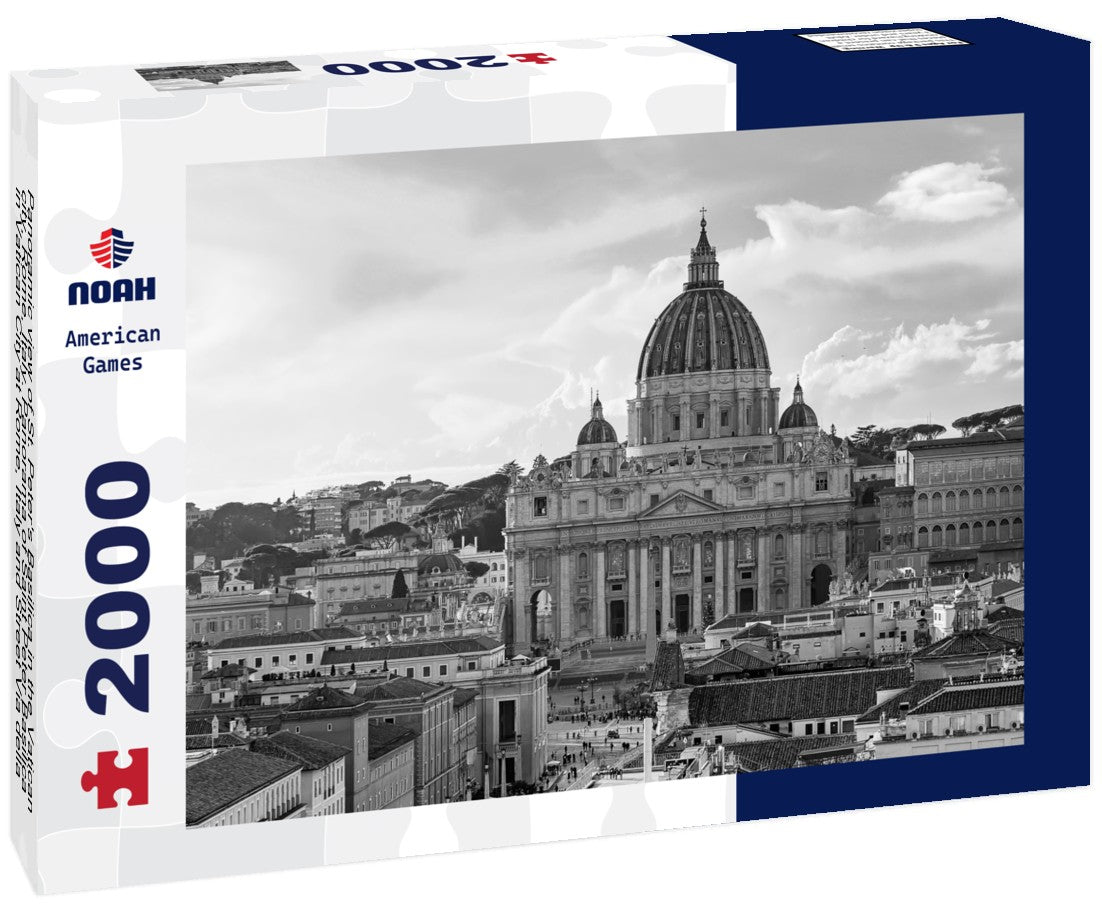 Noah Jigsaw Puzzle Panoramic view of St. Peter's Basilica in the Vatican city, Rome, Italy. Panorama of Saint Peter Basilica in Vatican City at Rome, Italy and Street Via della Conciliazione at sunset sky in black white 2000 pieces