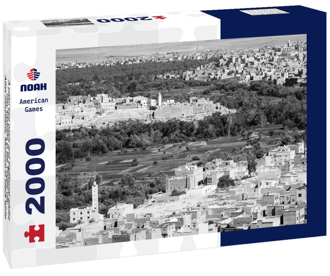 Noah Jigsaw Puzzle A palm tree oasis and traditional adobe clay kasbahs in the Tinghir city, Atlas mountains, Morocco in black white 2000 pieces