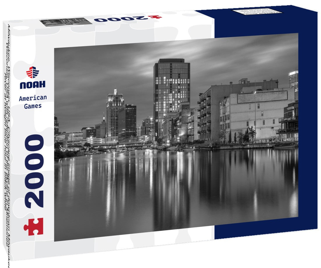 Noah Jigsaw Puzzle Milwaukee, Wisconsin, USA. Cityscape image of downtown Milwaukee, Wisconsin, USA with reflection of the skyline in Mnemonee River at twilight blue hour in black white 2000 pieces