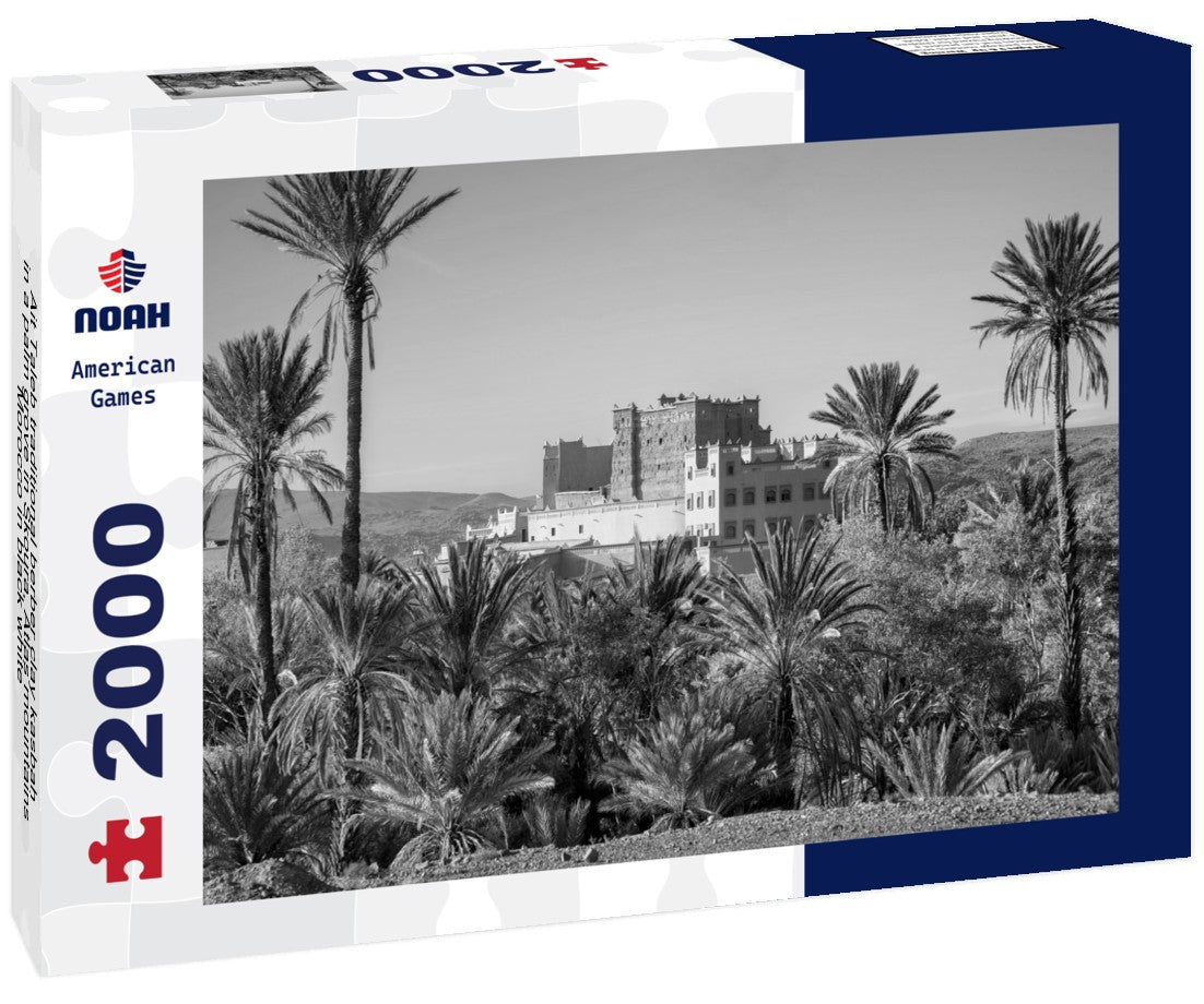 Noah Jigsaw Puzzle Ait Taleb traditional berber clay kasbah in a palm grove in Skoura, Atlas mountains, Morocco in black white 2000 pieces