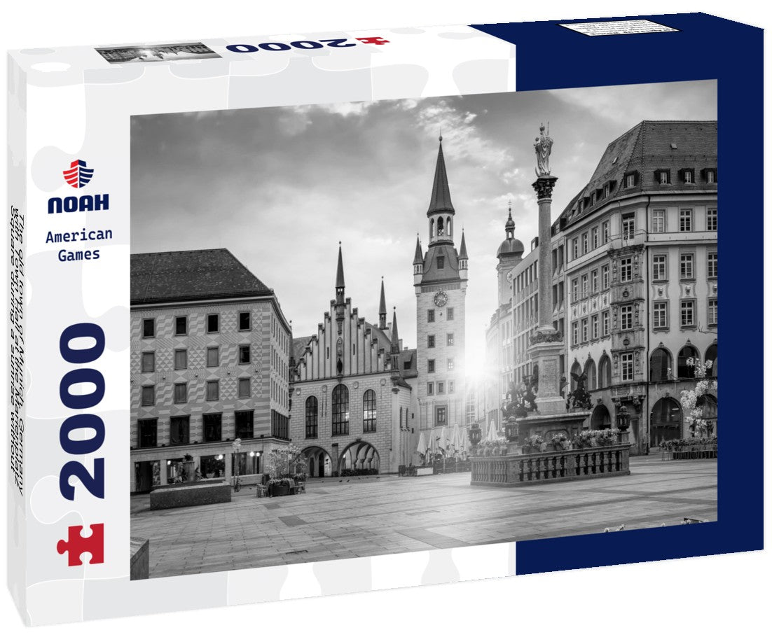 Noah Jigsaw Puzzle The old town of Munich, Germany, with Town Hall at the Marienplatz Square during a sunrise without people in black white 2000 pieces