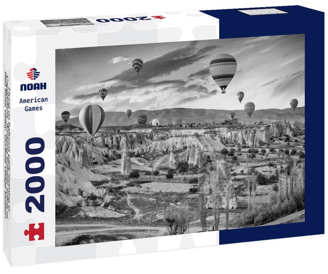 Noah Jigsaw Puzzle Flying on balloons early morning in Cappadocia. Amazing summer scene of Red Rose valley, Goreme village location, Turkey, Asia in black white 2000 pieces