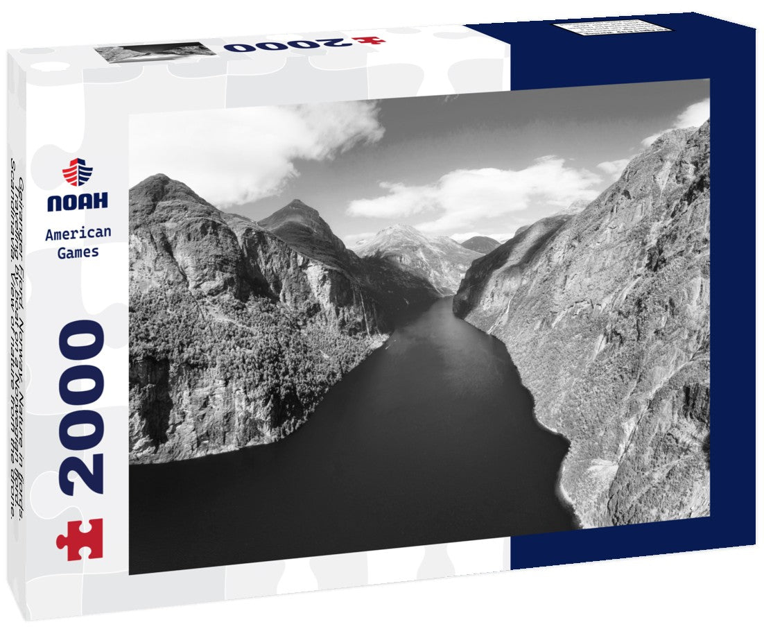 Noah Jigsaw Puzzle Geiranger Fjord, Norway. Nature in fjords. Traveling by boat on a Norwegian fjord. Scandinavia. View of nature from the drone. Seven Sisters Waterfall in black white 2000 pieces