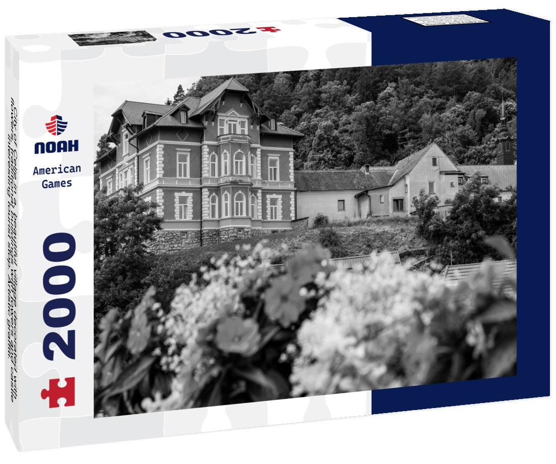 Noah Jigsaw Puzzle City of Celje in a, beautiful village decorated with flowers, traditional buildings with towers and castle, interesting tourist stop. Artistic graffiti. Main street with church and gold statue in black white 2000 pieces