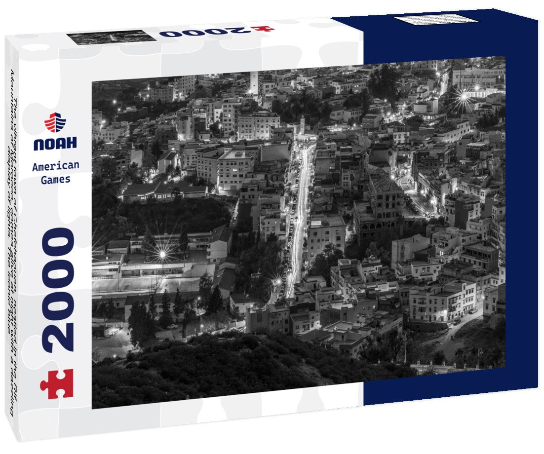 The vibrant town of Chefchaouen, nestled in the Rif Mountains of Morocco, comes alive at night with a dazzling display of lights. The iconic blue-washed buildings create a magical and picturesque view 2000pc PuzzleBlack and White