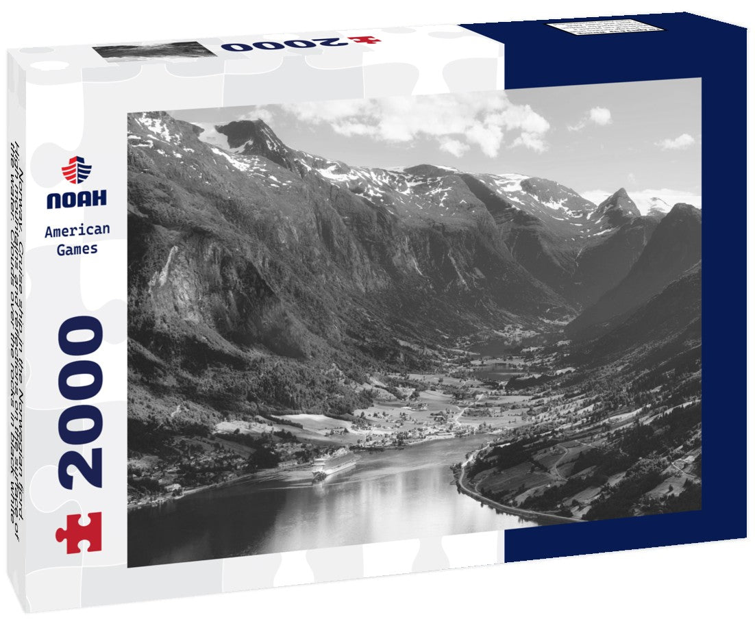 Noah Jigsaw Puzzle Norway. Cruise ship in the Norwegian fjord. High mountains and reflections on the surface of the water. Clouds over the rocks in black white 2000 pieces
