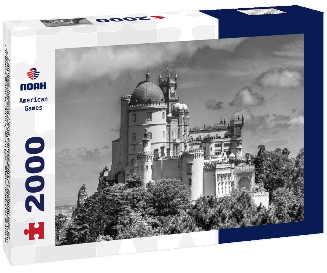 Noah Jigsaw Puzzle Famous historic Pena palace part of cultural site of Sintra against sunset sky in Portugal. Panoramic View Of Pena Palace, Sintra, Portugal. Pena National Palace at sunset, Sintra, Portugal in black white 2000 pieces
