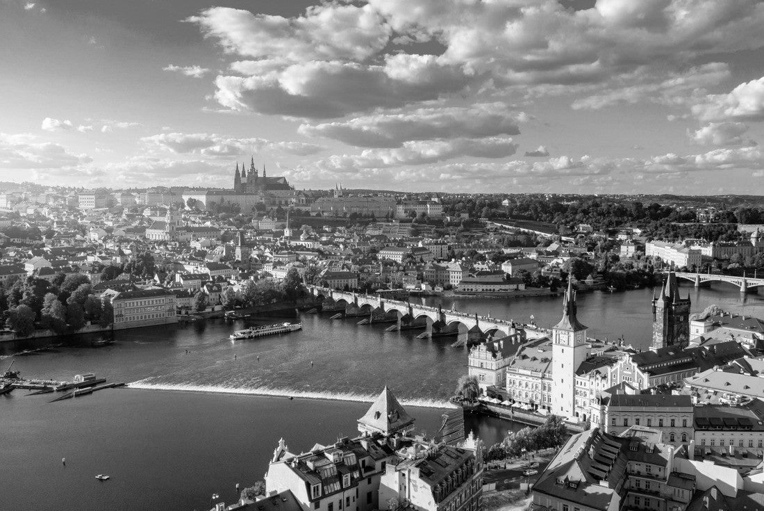 Prague scenic spring aerial view of the Prague Old Town pier architecture Charles Bridge over Vltava river in Prague, Czechia. Old Town of Prague with the Castle in the background, Czech Republic 2000pc PuzzleBlack and White