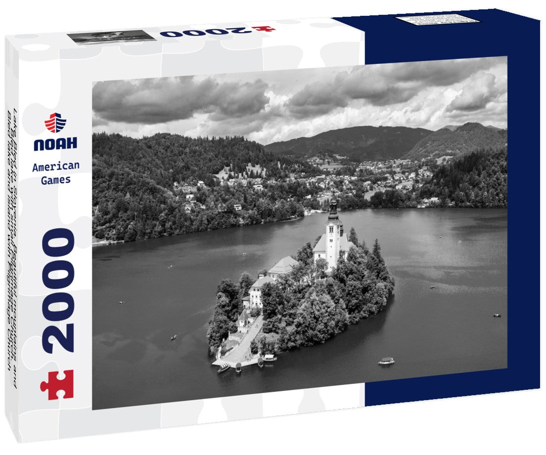 Noah Jigsaw Puzzle Lake Bled in Slovenia. Beautiful mountains and Bled lake with small Pilgrimage Church. Bled lake and island with Pilgrimage Church of the Assumption of Maria in black white 2000 pieces