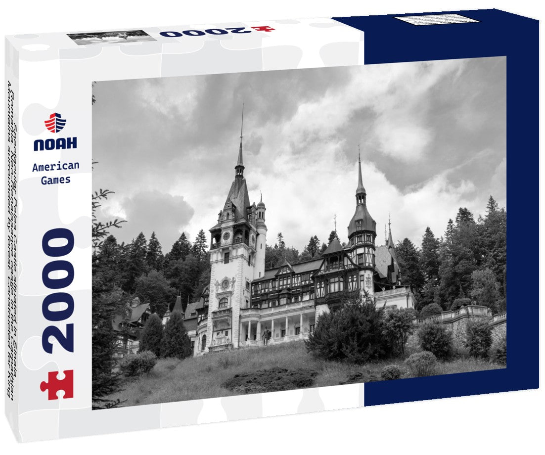 Noah Jigsaw Puzzle Spectacular Peles Castle situated in Sinaia, Romania. Neo-Renaissance castle in the Carpathian Mountains surrounded by forest. Constructed for King Carol I. Famous travel destination in black white 2000 pieces