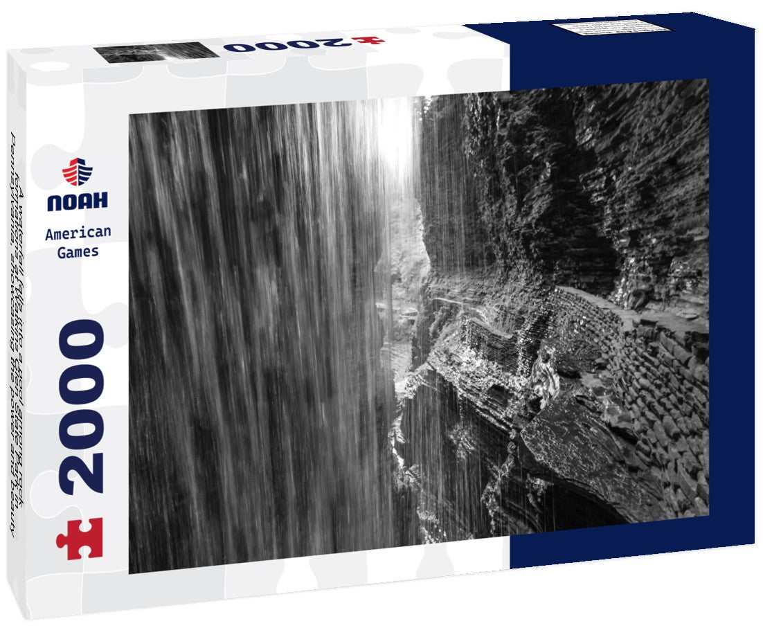 Noah Jigsaw Puzzle A waterfall falls into a pool among rock formations at Watkins Glen State Park in Pennsylvania, showcasing the power and beauty of nature, USA in black white 2000 pieces