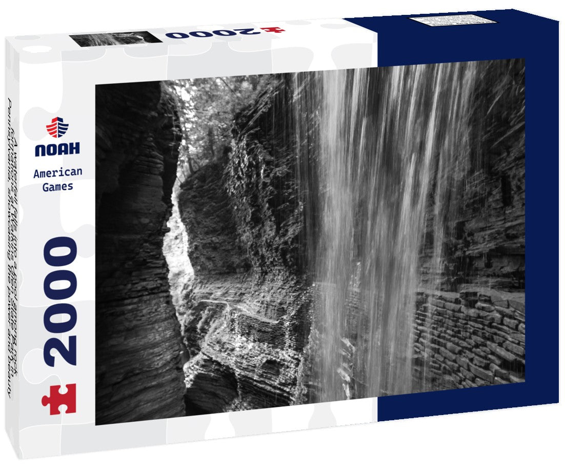 Noah Jigsaw Puzzle A waterfall falls into a pool among rock formations at Watkins Glen State Park in Pennsylvania, showcasing the power and beauty of nature, USA in black white 2000 pieces