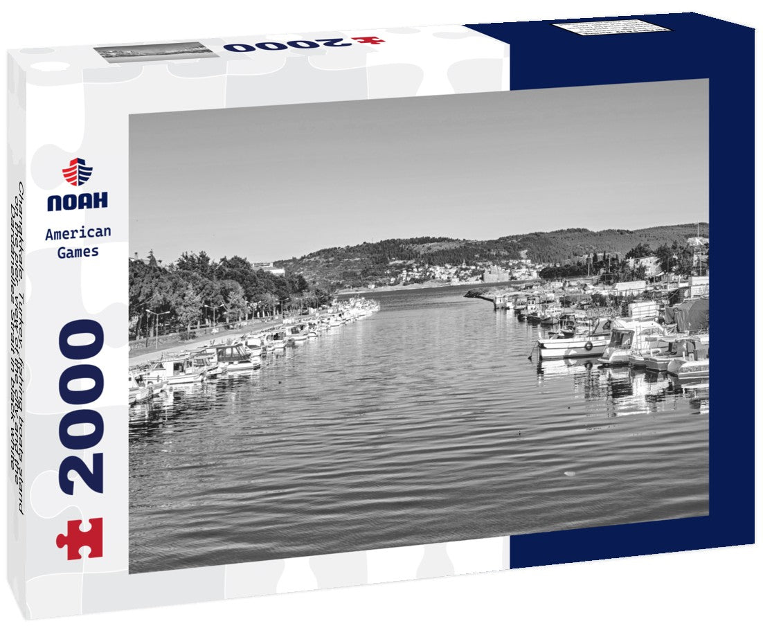 Noah Jigsaw Puzzle Chanakkale, Turkey, fishing boats stand on the pier, view of the city and the Dardanelles Strait in black white 2000 pieces