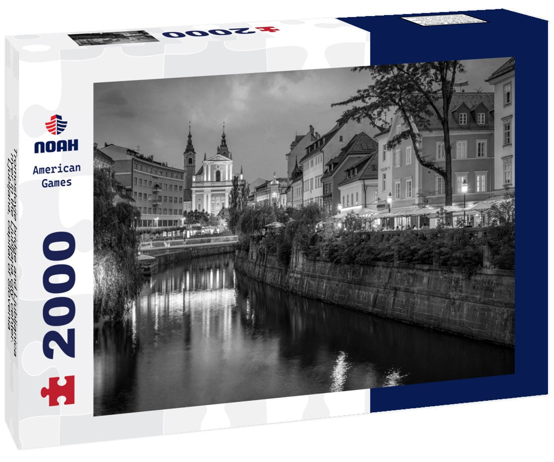 Noah Jigsaw Puzzle Tromostovje bridge and Ljubljanica river in the Ljubljana city center. Ljubljana, capital of Slovenia in black white 2000 pieces