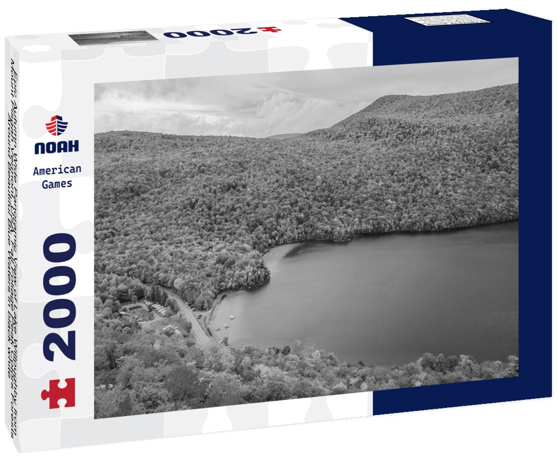 Noah Jigsaw Puzzle Epic Autumn Wide Panoramic View of Lake Willoughby from Mount Pisgah Vermont, USA. Fall Foliage Peak Colors Forests Around Beautiful Blue Waters in black white 2000 pieces