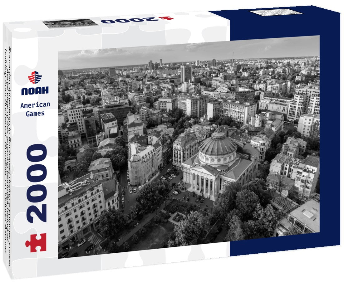 Noah Jigsaw Puzzle Romanian Atheneum in Bucharest during a summer sunset. Aerial view of this amazing landmark historical building from Bucharest, Romania, on Victoriei Avenue (Calea Victoriei) in black white 2000 pieces