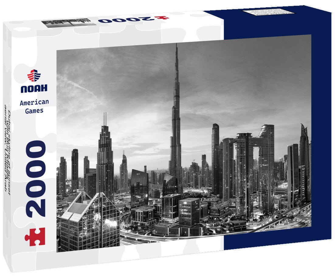 Noah Jigsaw Puzzle Dubai skyline at sunset with Burj Khalifa - aerial view, United Arab Emirates in black white 2000 pieces