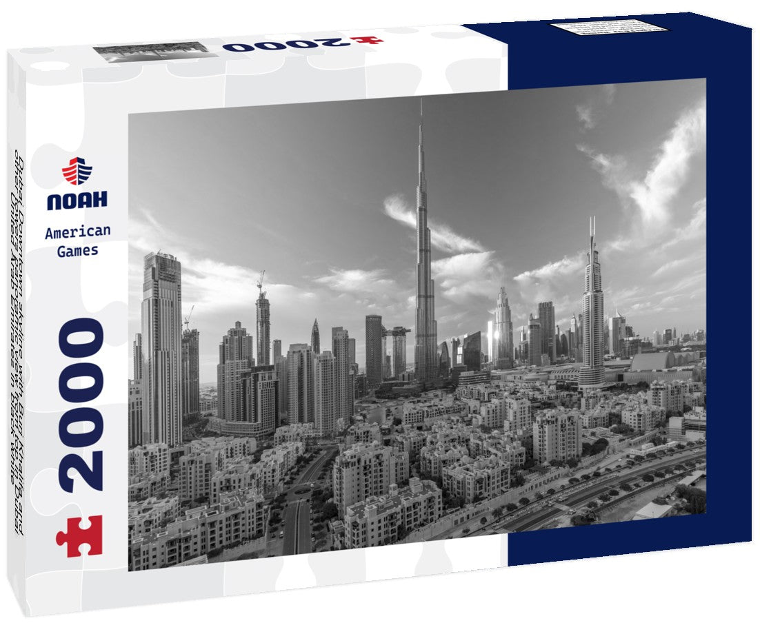 Noah Jigsaw Puzzle Dubai Downtown skyline with Burj Khalifa and other towers panoramic view from top in Dubai, United Arab Emirates in black white 2000 pieces