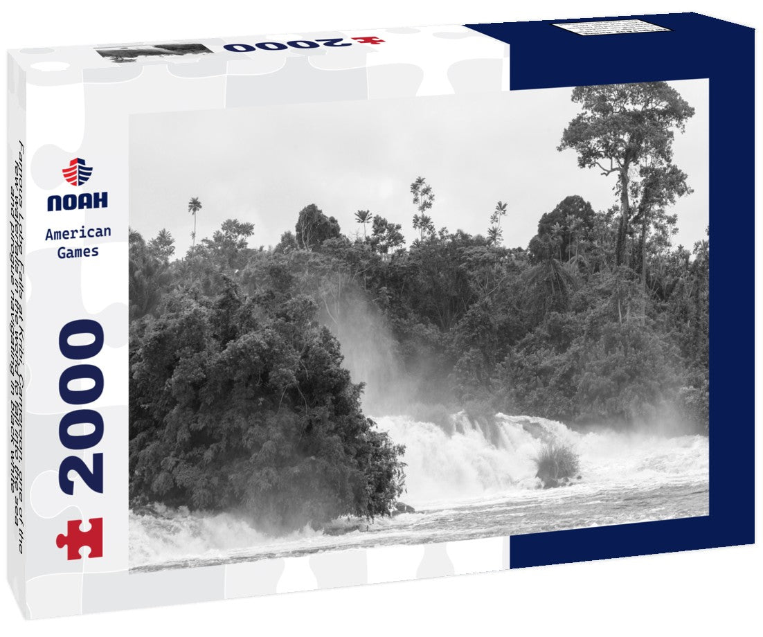 Noah Jigsaw Puzzle Famous Lobe Falls at Kribi, Cameroon, one of the few waterfalls in the world to fall into the sea, and pirogue navigating in black white 2000 pieces