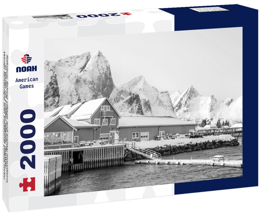 Noah Jigsaw Puzzle Sakrisoy fishing village and snowy mountains in winter on Lofoten islands, Norway. Winter landscape with traditional yellow rorbu houses on stilts in fjord water in black white 2000 pieces