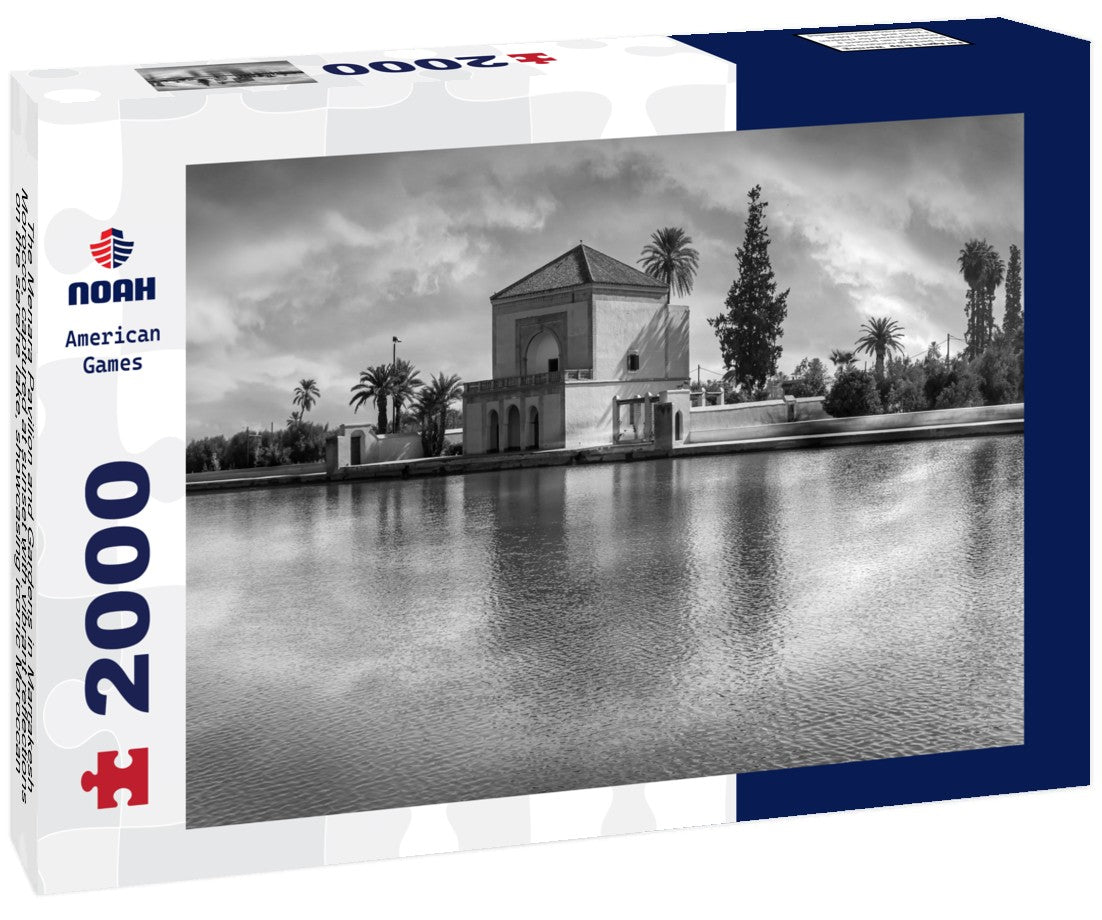 Noah Jigsaw Puzzle The Menara Pavilion and Gardens in Marrakesh, Morocco, captured at sunset with vibrant reflections on the serene lake, showcasing iconic Moroccan architecture in black white 2000 pieces