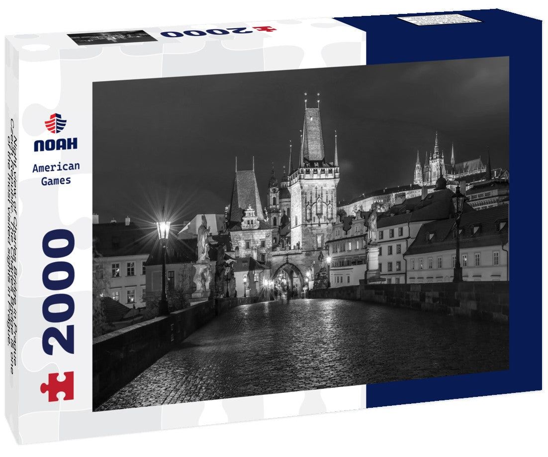 Noah Jigsaw Puzzle Night view of Charles Bridge in Prague, Czech Republic. The Charles Bridge is one of the most visited sights in Prague. Architecture and landmark of Prague in black white 2000 pieces