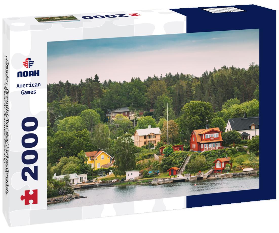 Noah Jigsaw Puzzle Sweden. Beautiful Red And Yellow Swedish Wooden Log Cabins Houses On Rocky Island Coast In Summer Evening 2000 pieces