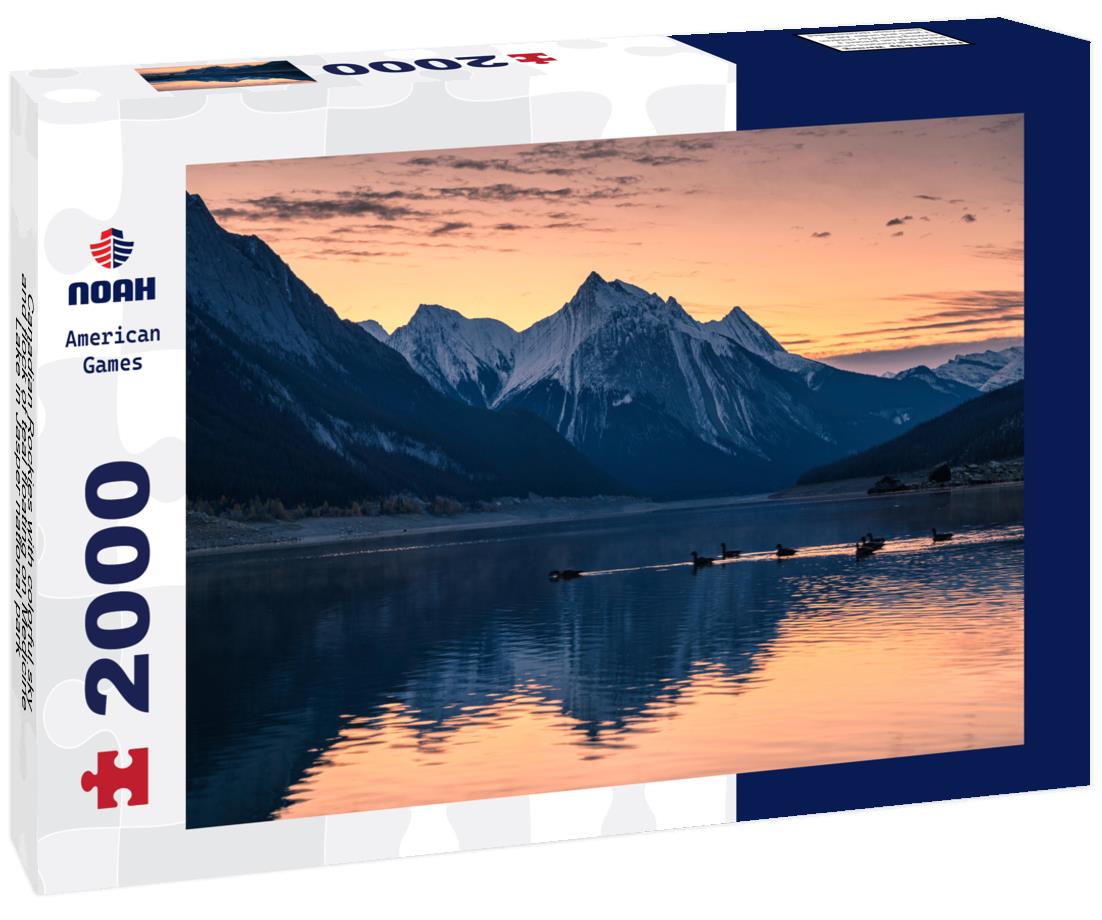 Noah Jigsaw Puzzle Canadian Rockies with colorful sky and flock of teal floating on Medicine Lake in Jasper national park 2000 pieces