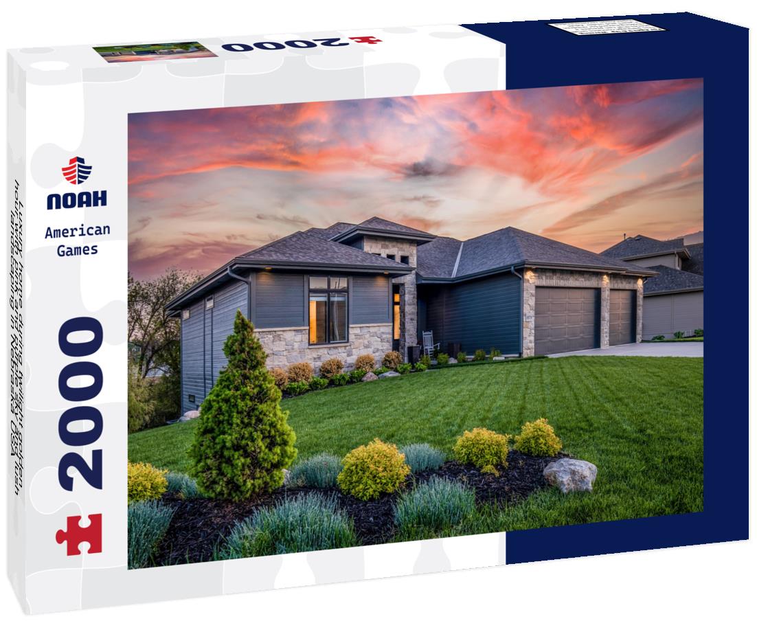 Noah Jigsaw Puzzle Luxury home during twilight golden hour with pink and purple sky and lush landscaping in Nebraska USA 2000 pieces