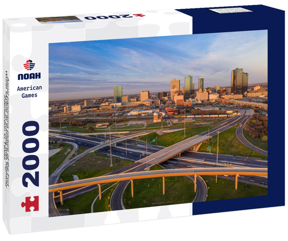 Noah Jigsaw Puzzle Aerial panorama picture of the Fort Worth skyline at sunrise with highway intersection in Texas 2000 pieces