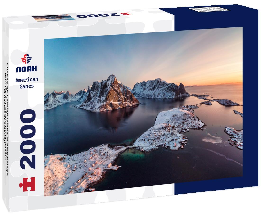 Noah Jigsaw Puzzle Sunrise on Lofoten island is archipelago with fishing village on coastline in winter at Norway 2000 pieces